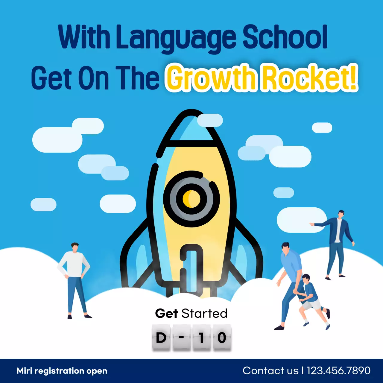 파랑색과 노랑색의 미니멀한 로켓 일러스트 어학원 홍보