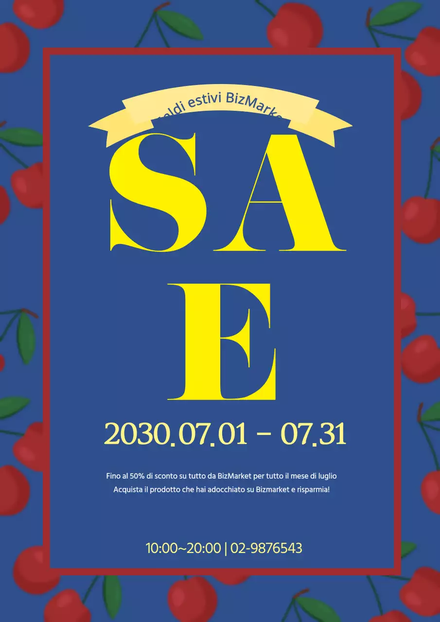 Elegante volantino blu e giallo che promuove l'evento Market Summer Sale