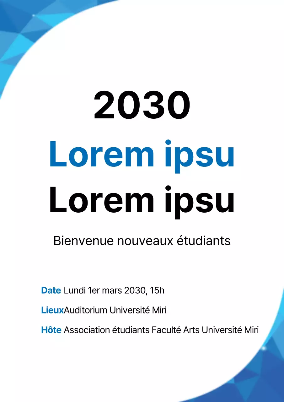 Un flyer simple, blanc et bleu, pour l'accueil des nouveaux étudiants d'une université.