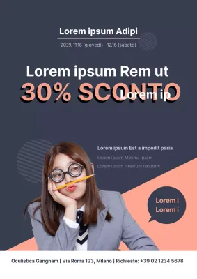 Promuovete un evento di sconto LASIK con una foto di uno studente che indossa occhiali blu e rosa.