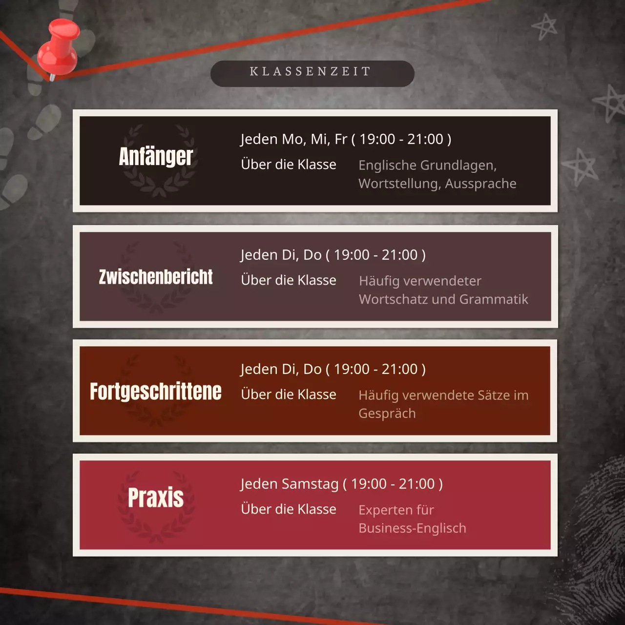 Englischsprachige Schulereignisvorlage wie ein dunkles Ereignisjournal