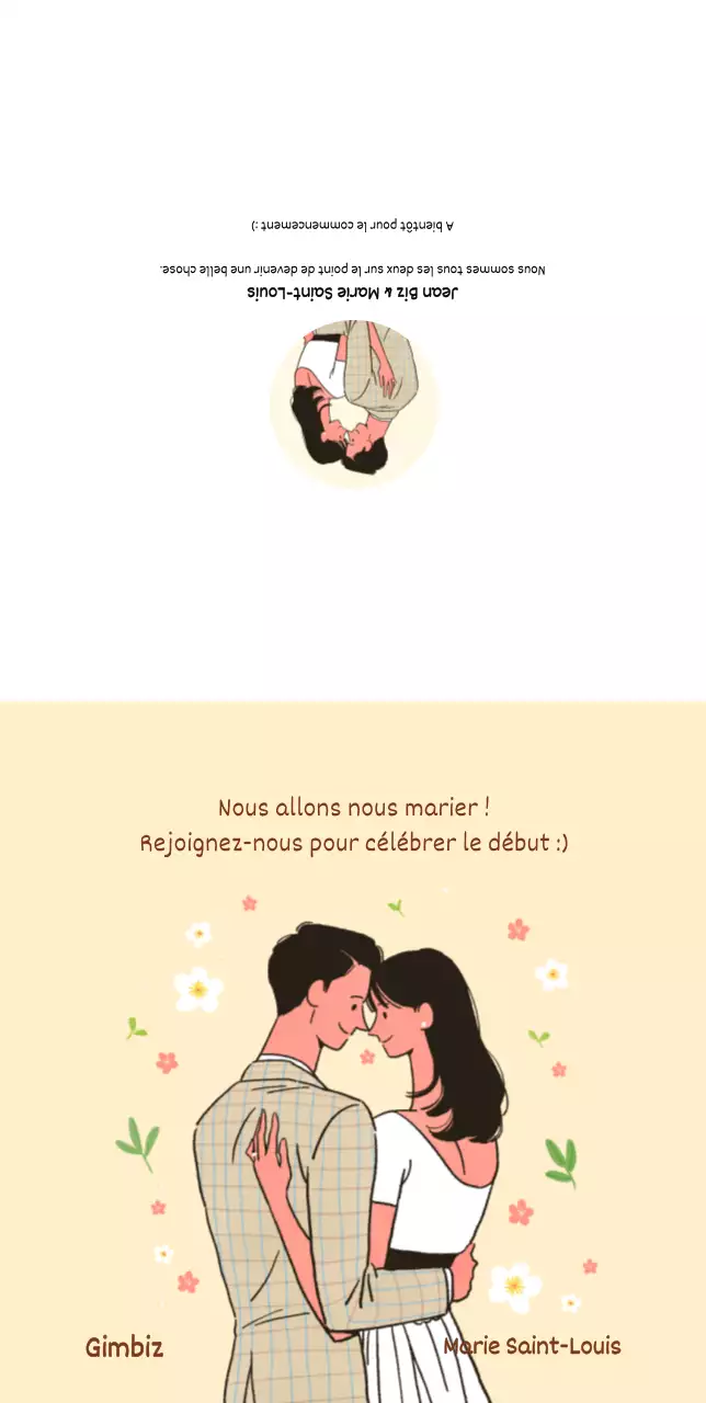 Invitations de mariage des mariés se faisant face sur un fond jaune clair