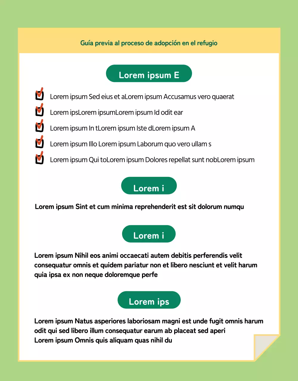 Página verde y amarilla sobre adopción de mascotas
