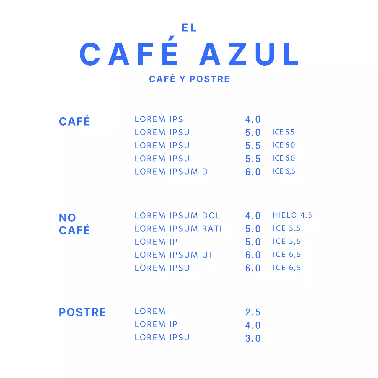 Tablero de menú de cafetería simple azul soporte acrílico para cafetería