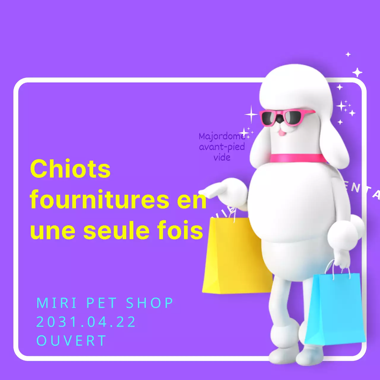 Promouvoir l'ouverture d'un site de vente de produits pour chiens avec un texte jaune sur fond violet