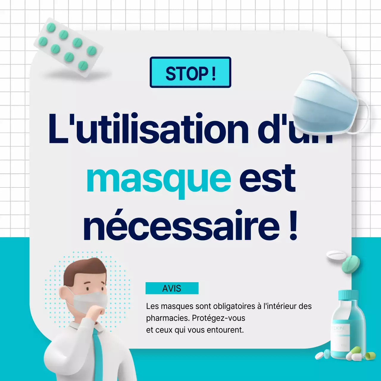 Annonce de la pharmacie avec un graphique en 3D représentant le port d'un masque de couleur menthe