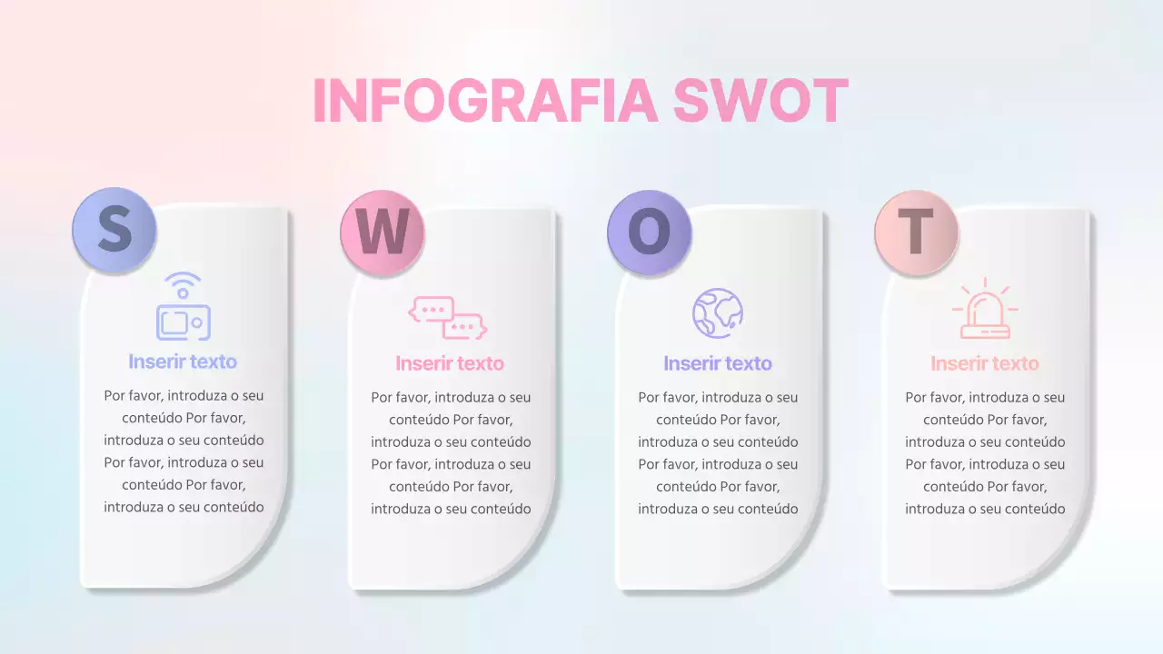 Uma análise SWOT em tons pastel de rosa e roxo