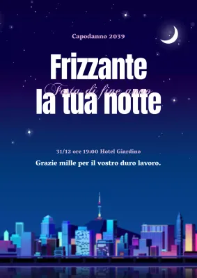 Promozione di un ritiro con illustrazione di un cielo notturno blu intenso e di un paesaggio urbano