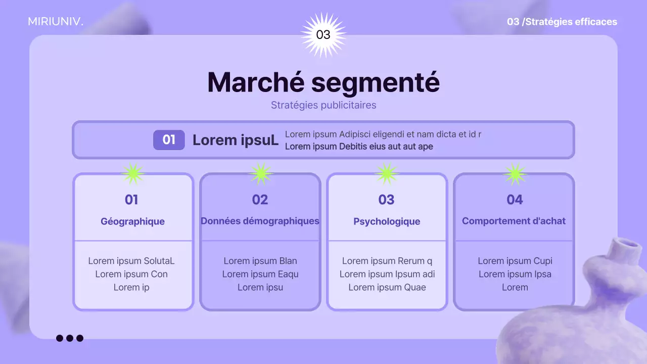 Utiliser des éléments 3D sur un fond mauve pour créer une impression d'espace afin d'informer la stratégie publicitaire.