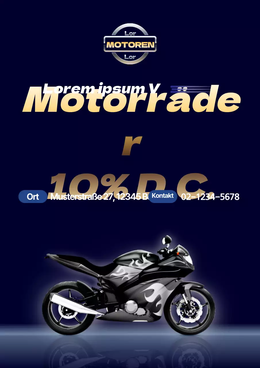 Werbung für Rabatte auf saubere Motorräder mit Metallic-Look in Marineblau und Gold