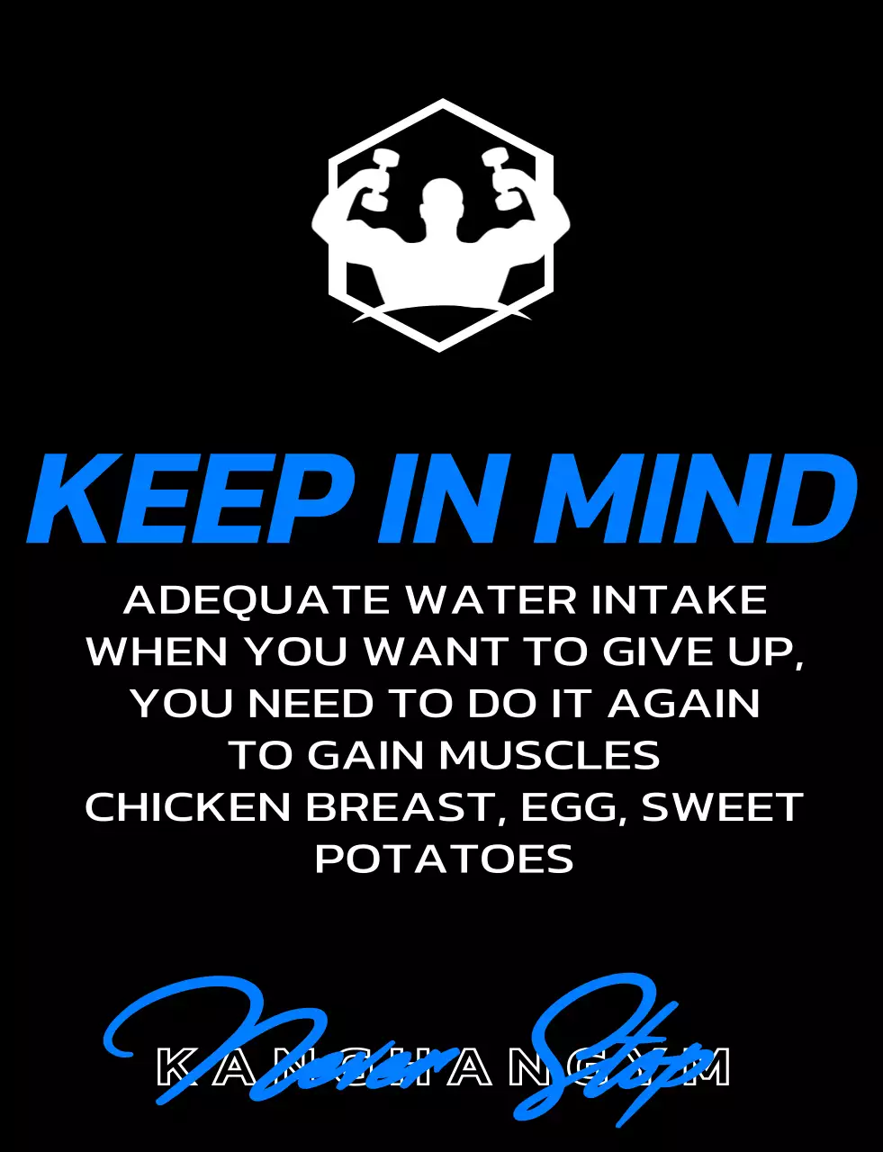 A gym membership design with a black and blue gym logo and workout-related text.