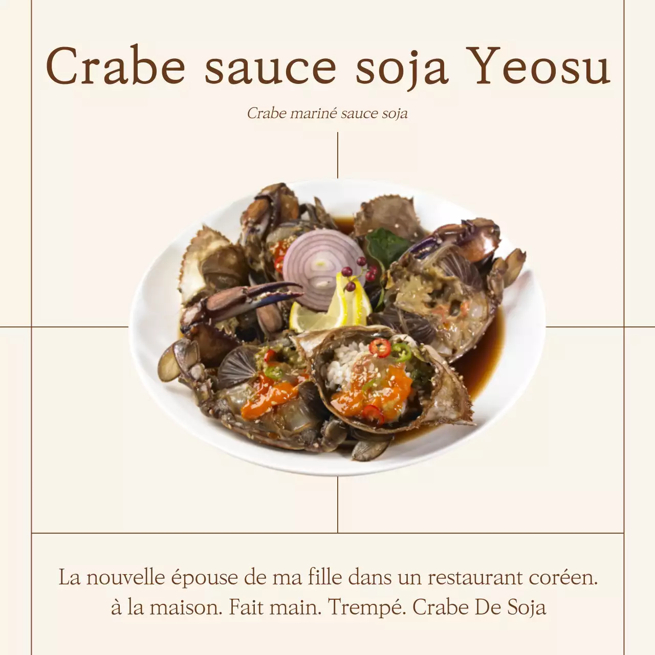 Promouvoir la nourriture pour crabes à base de sauce soja simple dans les tons beige et marron
