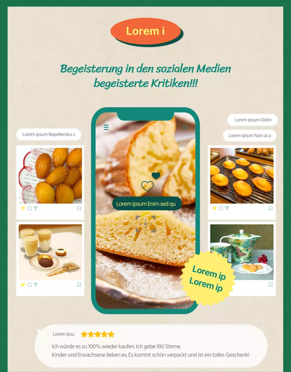 Verkaufen Sie vorgefertigte Madeleines mit grünem Hintergrund