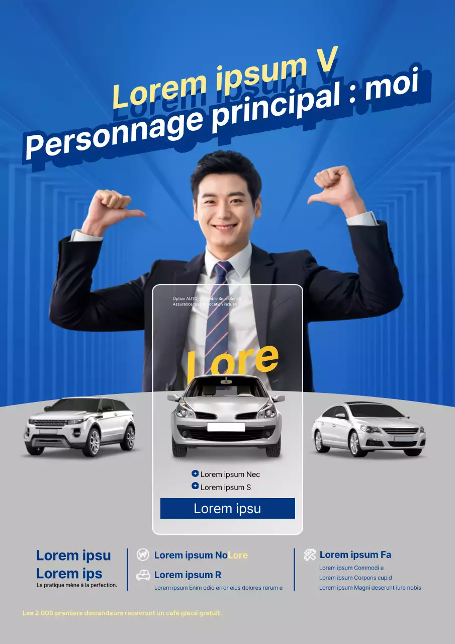 Flyer promotionnel bleu et gris pour une société de location de voitures à long terme