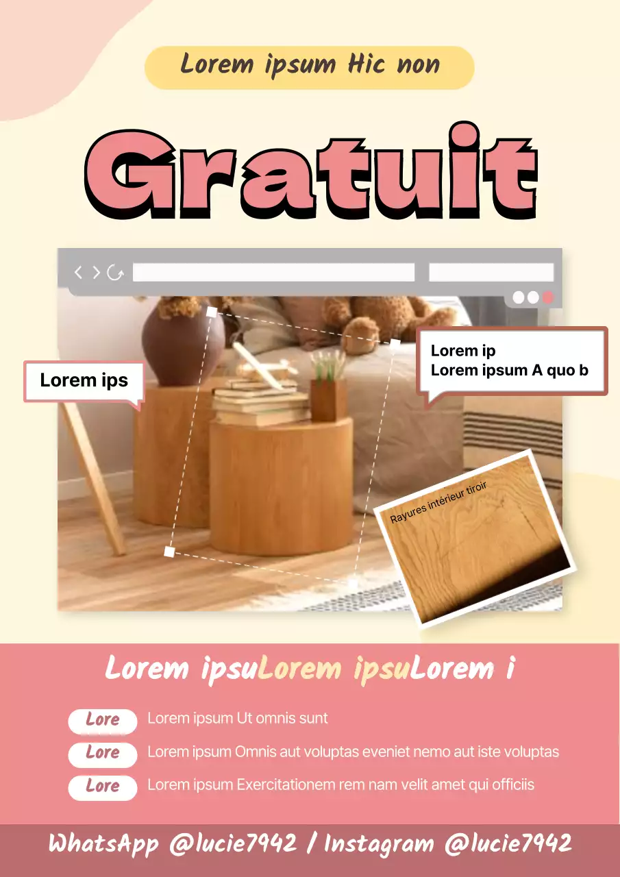 Affiche promouvant le partage gratuit de meubles d'intérieur dans des tons roses doux