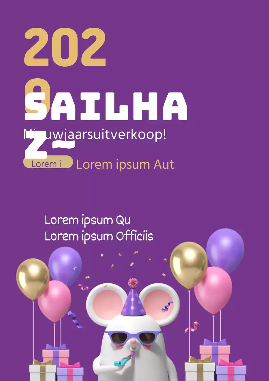 Promoot een nieuwjaarsuitverkoop met een illustratie van paarse feestende muizen en cadeaus