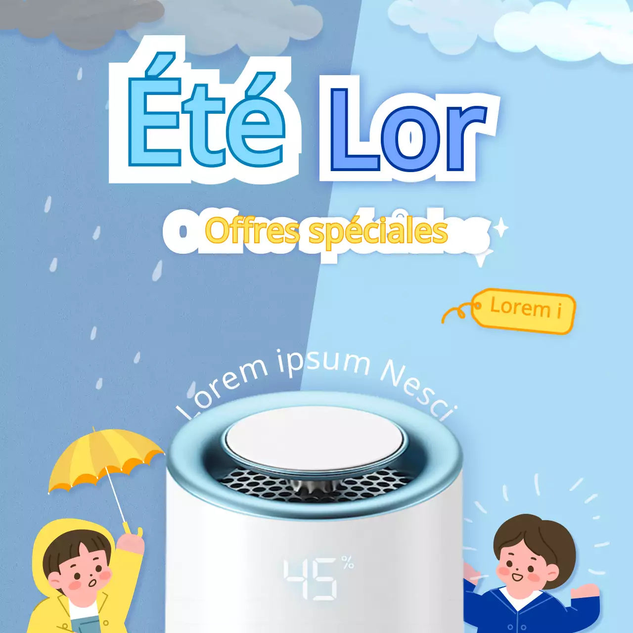 Vente de déshumidificateurs bleus et jaunes pour la saison des pluies