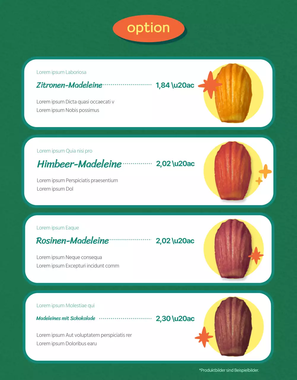 Verkaufen Sie vorgefertigte Madeleines mit grünem Hintergrund