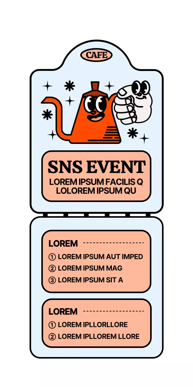 Cute and hip coffee pot character style in red and light blue to announce social media events