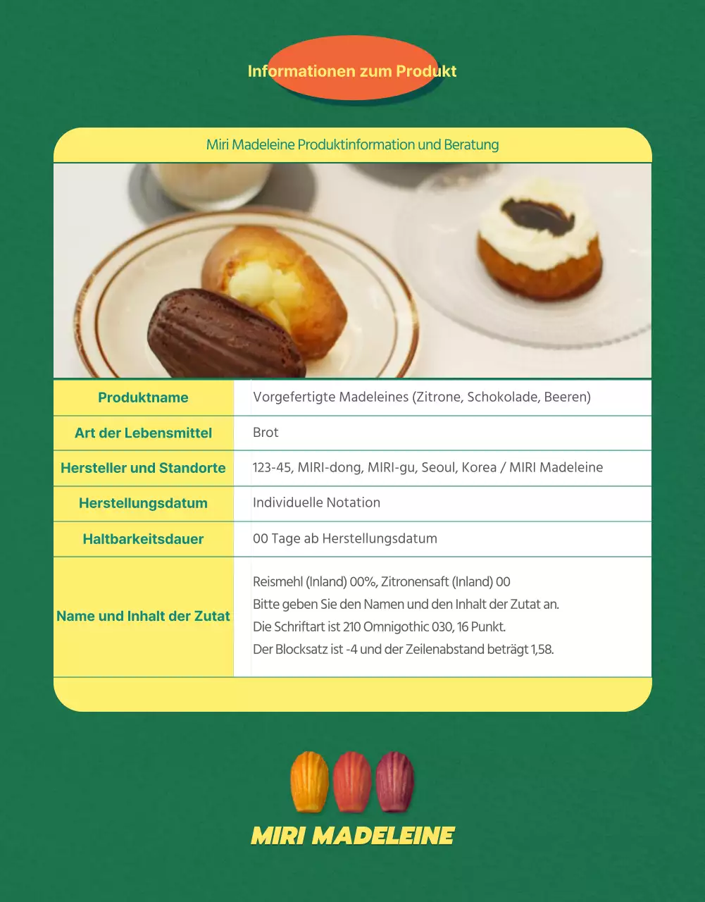 Verkaufen Sie vorgefertigte Madeleines mit grünem Hintergrund