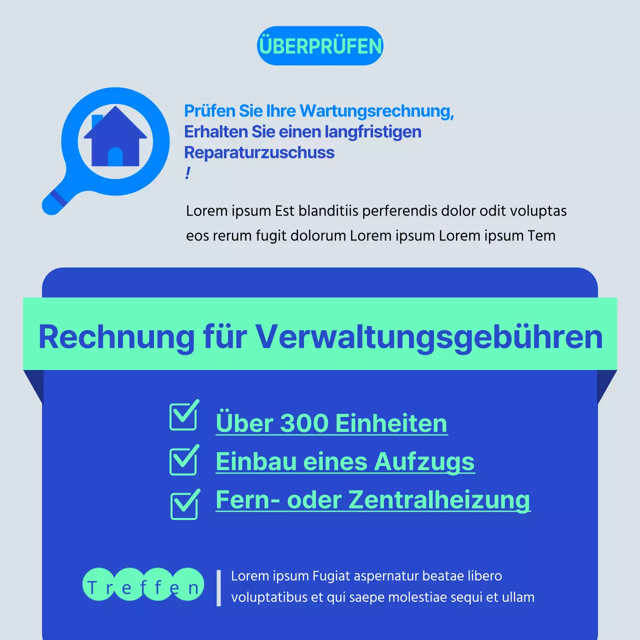 Blaues und mintfarbenes Haussymbol Rückstellung für langfristige Reparaturen