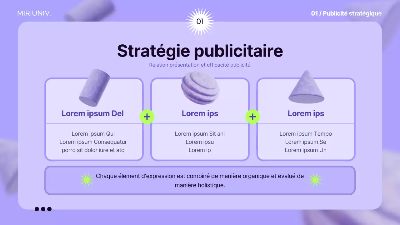 Utiliser des éléments 3D sur un fond mauve pour créer une impression d'espace afin d'informer la stratégie publicitaire.