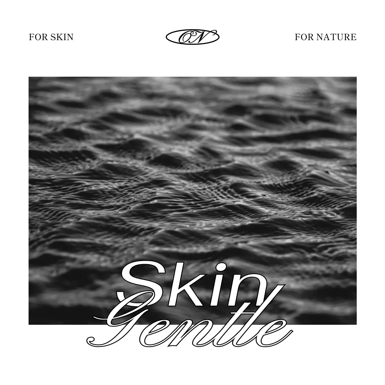 Cartão de agradecimento de conceito de luxo para uma marca de cosméticos com cosméticos brancos e pretos e uma fotografia do oceano.