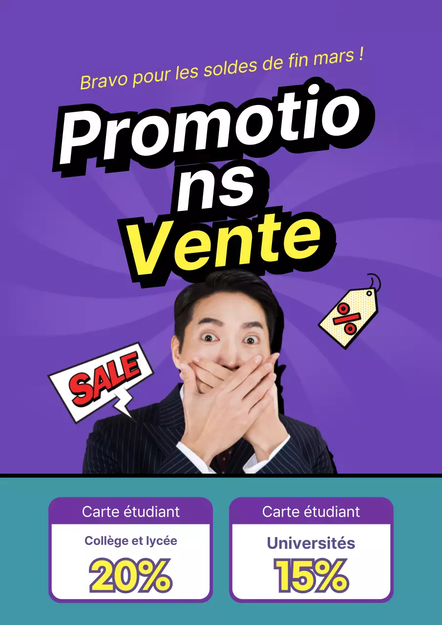 Flyer simple de vente dans un centre commercial en violet et jaune