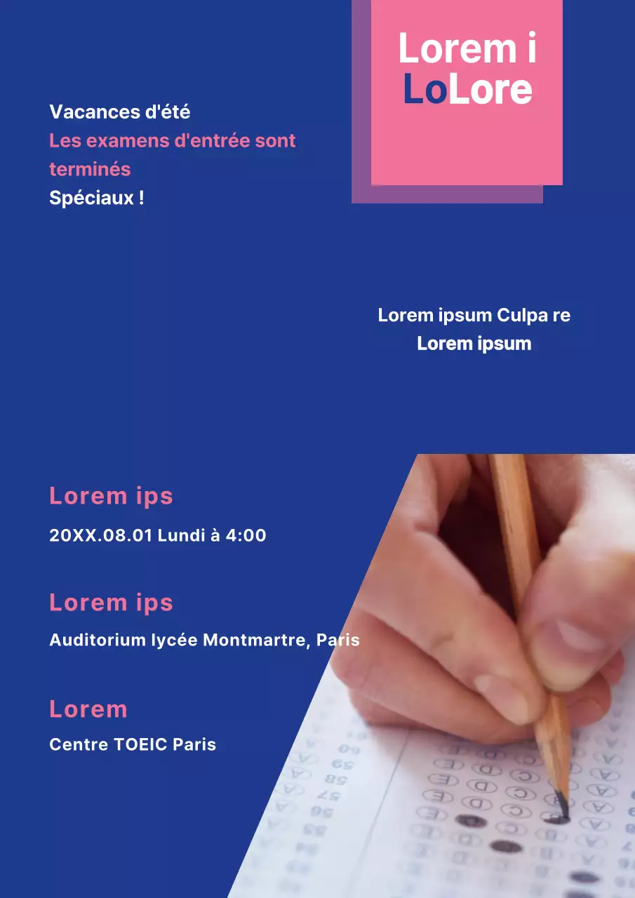 Promouvoir les cours d'été avec des photos bleues et roses d'étudiants en train d'étudier