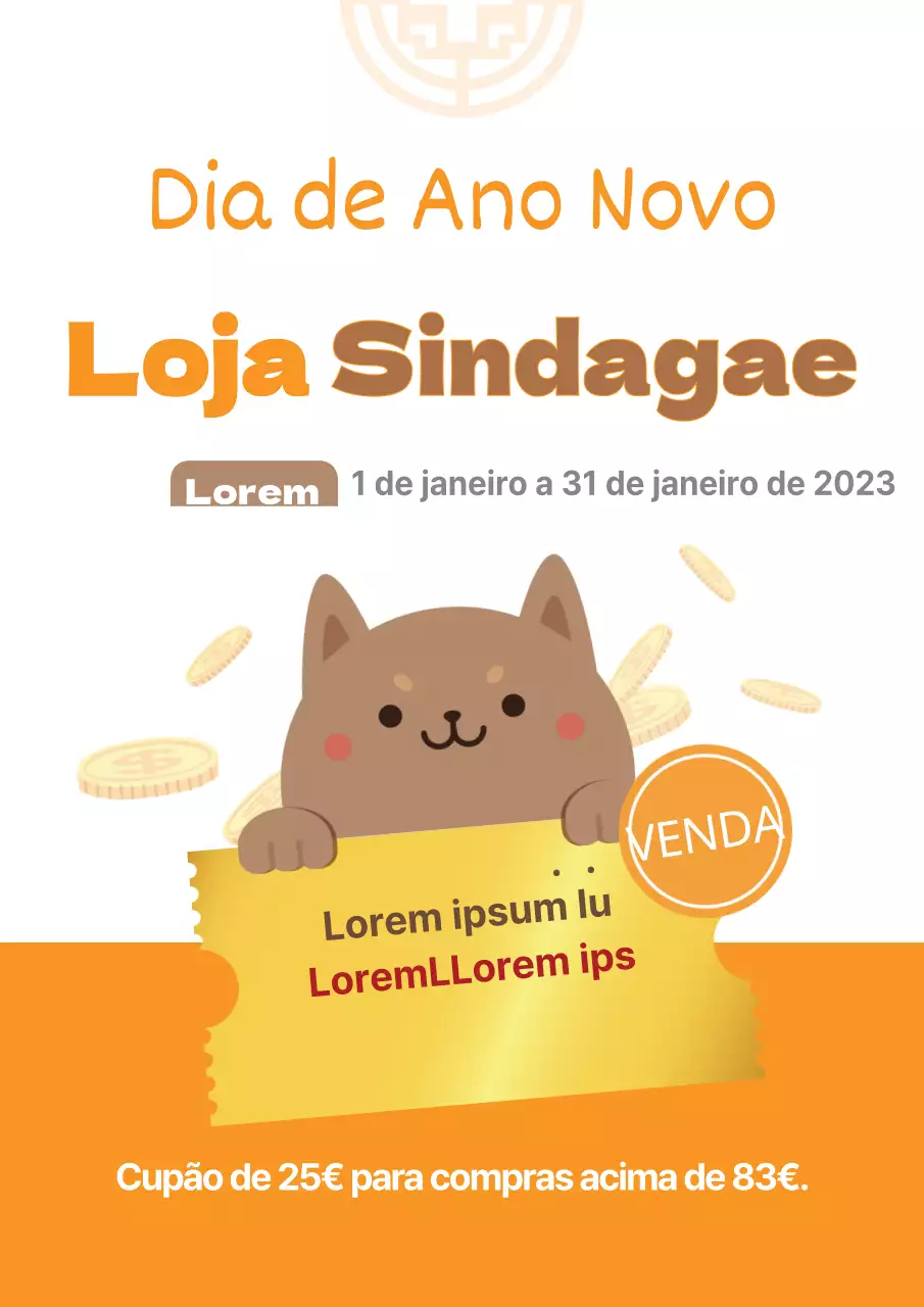 Venda de Ano Novo com uma ilustração de um cachorro cor de laranja