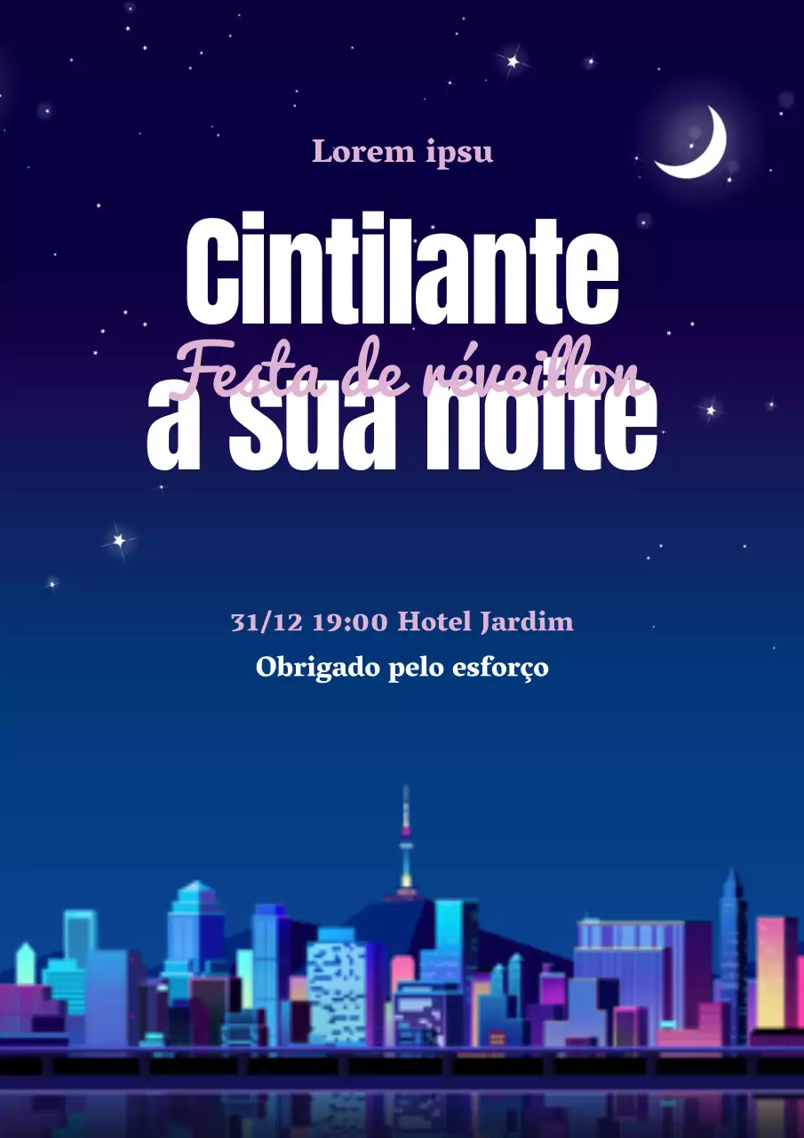 Promoção de um retiro com um céu noturno azul profundo e uma ilustração de uma paisagem urbana