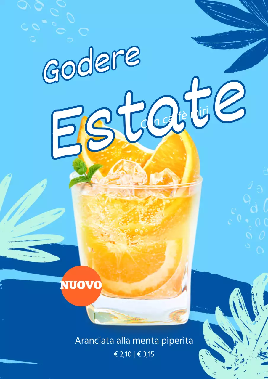 Annuncio per un nuovo menu di bevande con sfondo blu tropicale
