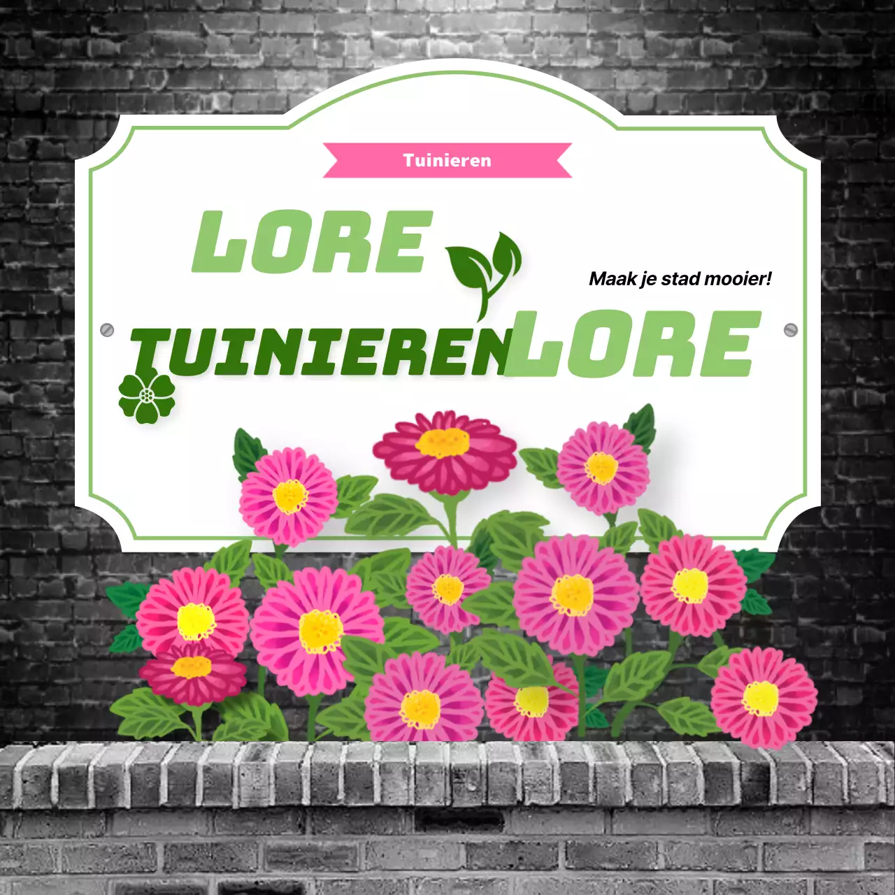 Tuinierthema met grijze en roze bakstenen buitenmuren