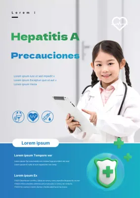 Un elegante folleto en azul claro y gris para una campaña de prevención de la hepatitis A.