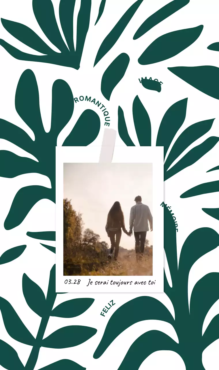 Illustrations sentimentales de plantes vertes et photos polaroïd