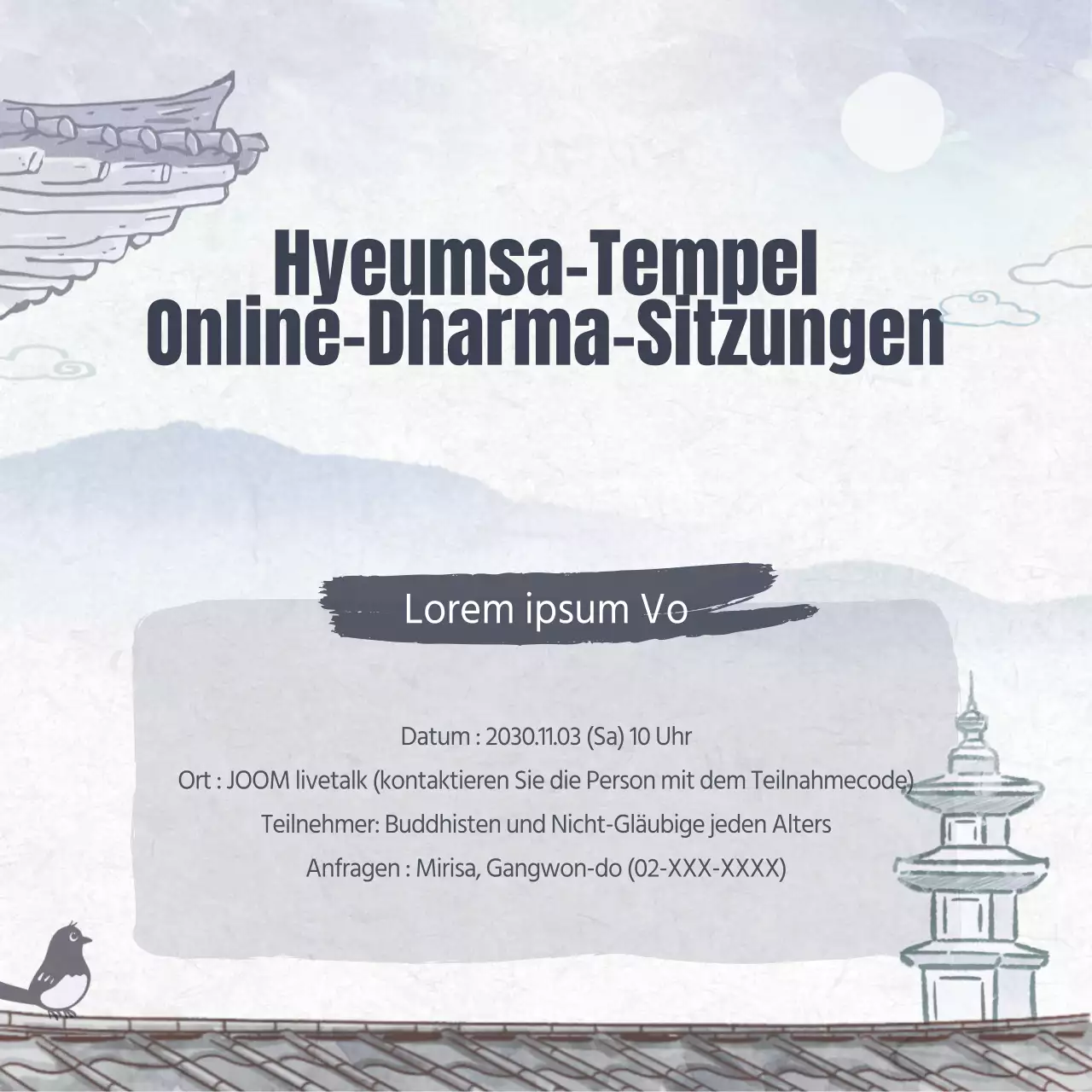 Graues traditionelles Konzept Online-Dharma-Sitzung Hinweis