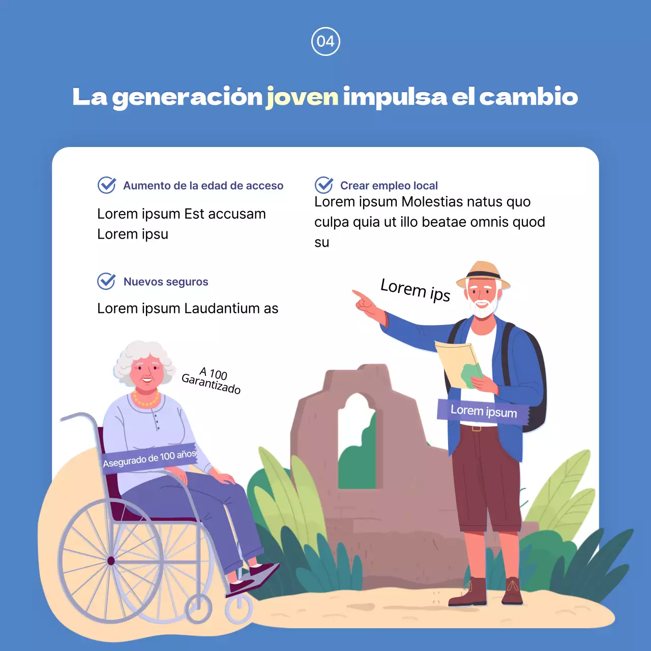 Una tarjeta ilustrada limpia con fondo azul y azul claro para comunicar información a las generaciones más jóvenes.