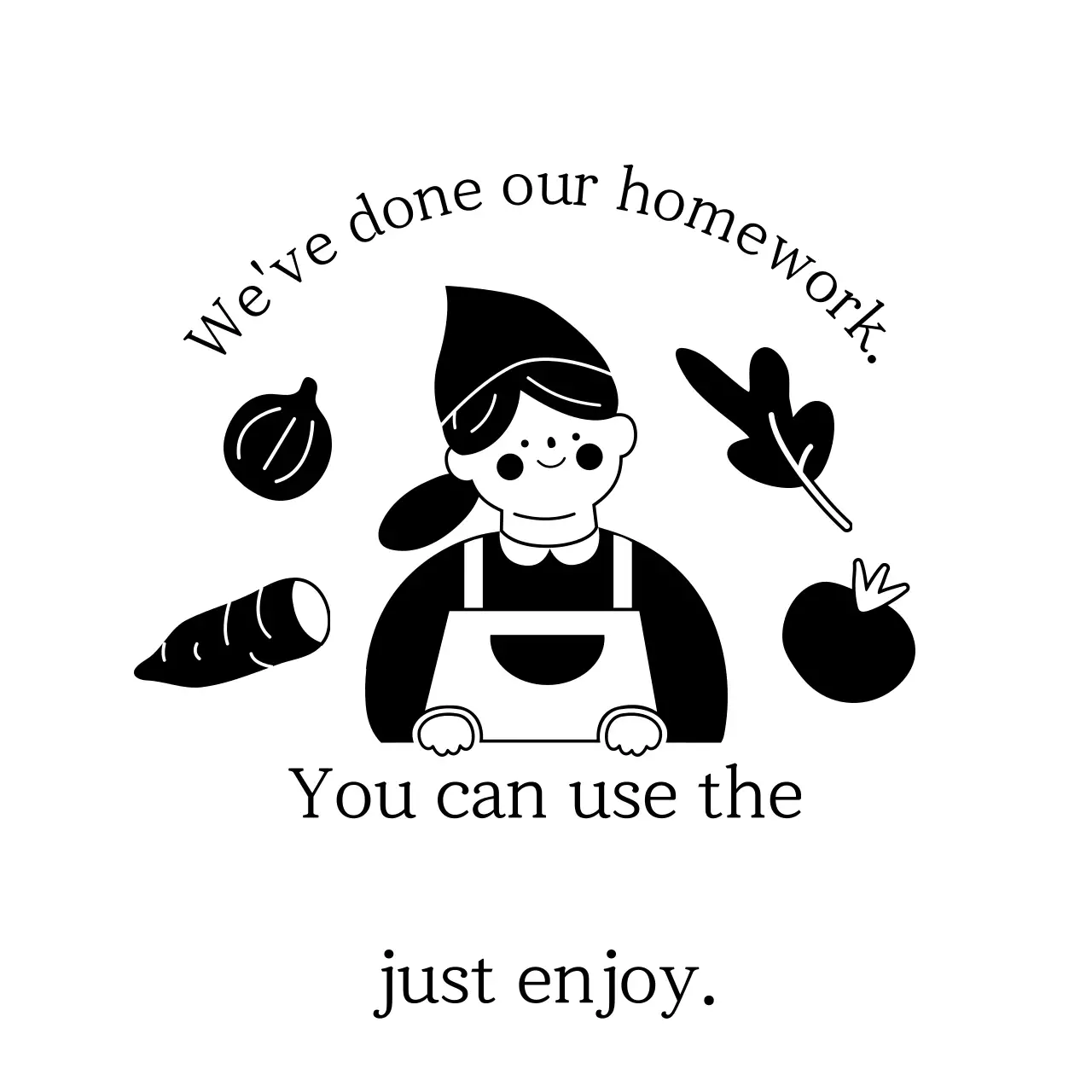 A design with a delivery message in black with illustrations of cute people and colored ingredients.