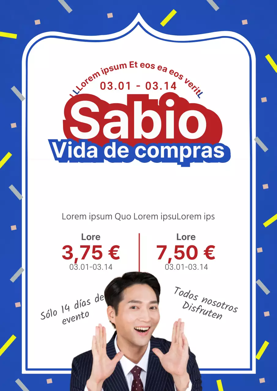 Bonito folleto promocional en blanco y azul de un evento de rebajas en un centro comercial