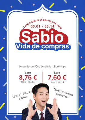 Bonito folleto promocional en blanco y azul de un evento de rebajas en un centro comercial