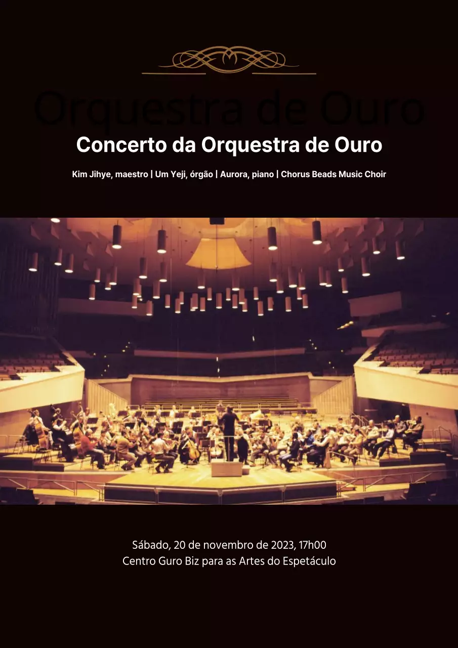 Promover um concerto simples e com classe com uma fotografia de orquestra negra