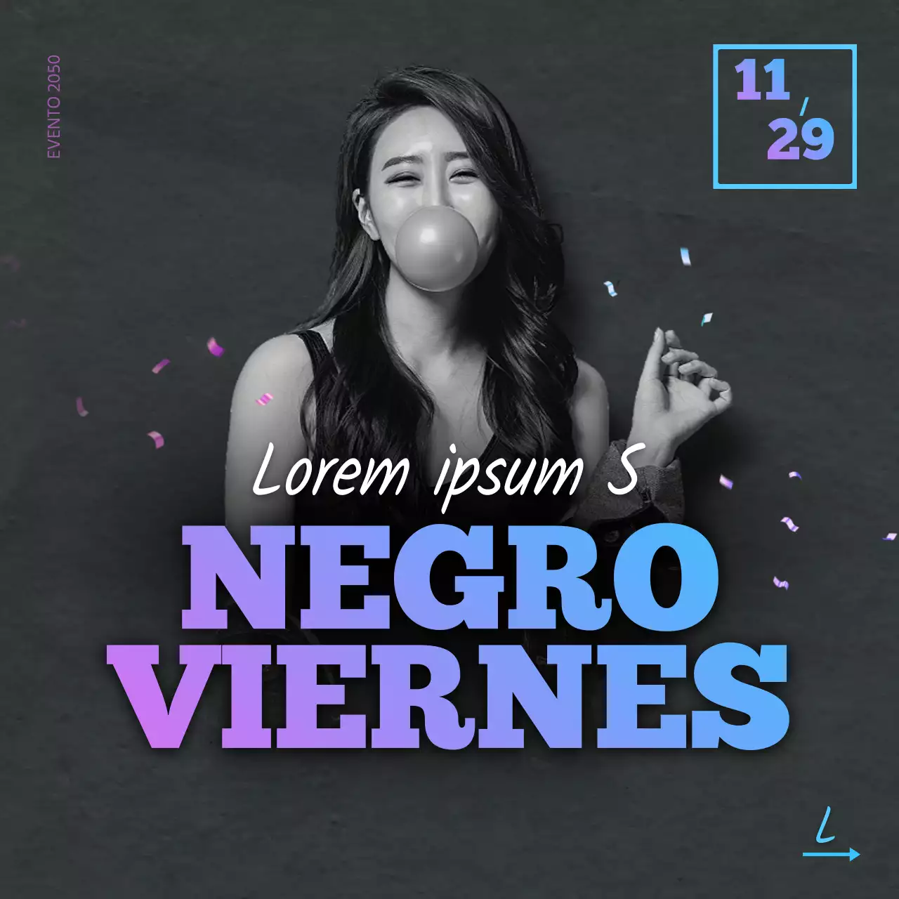 Fondo oscuro azul degradado mujer soplando chicle evento Black Friday