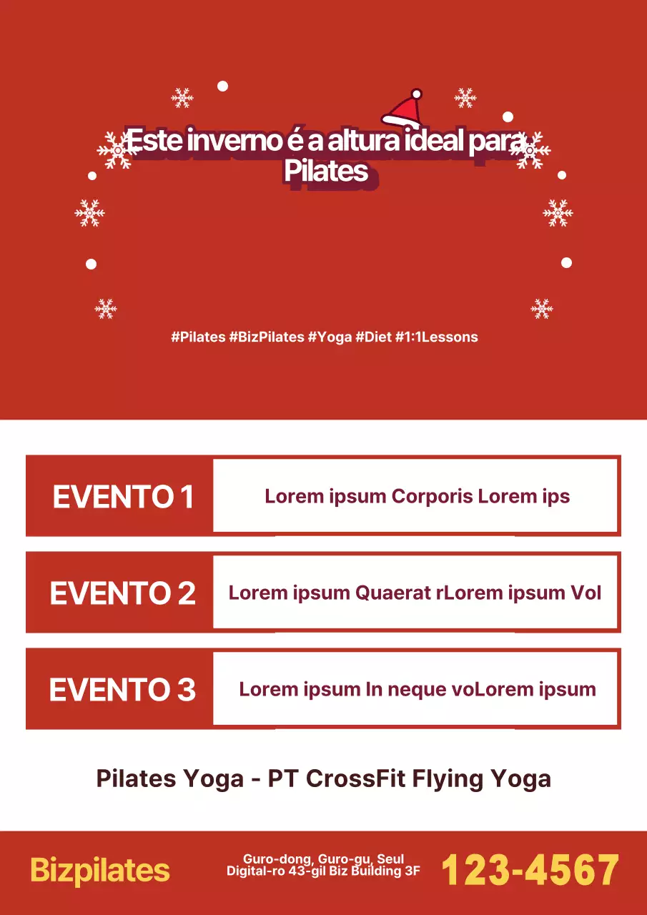 Promover um evento escolar de Pilates com olhos vermelhos e ilustrações de Natal