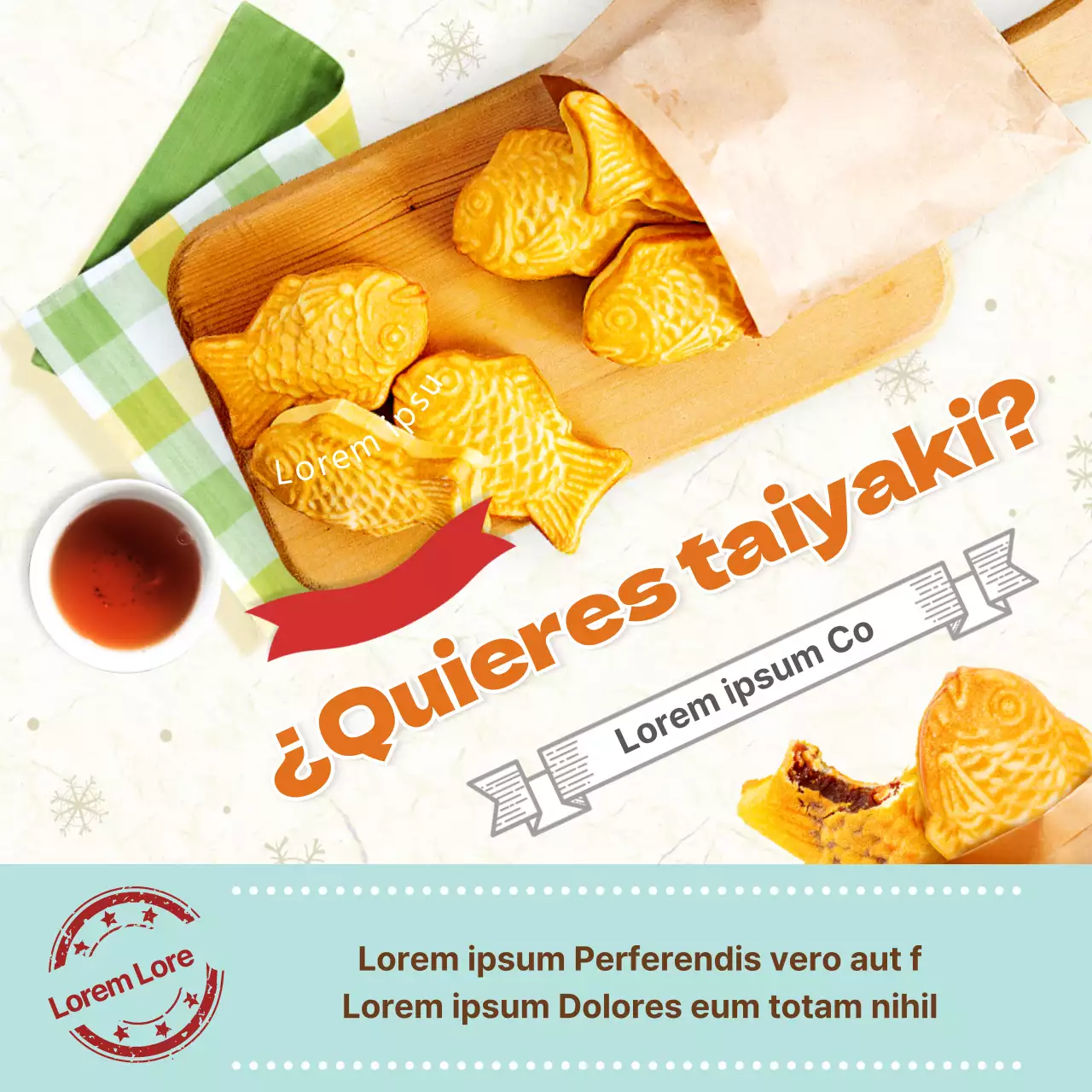 Tema de comida de invierno taiyaki en azul claro y amarillo