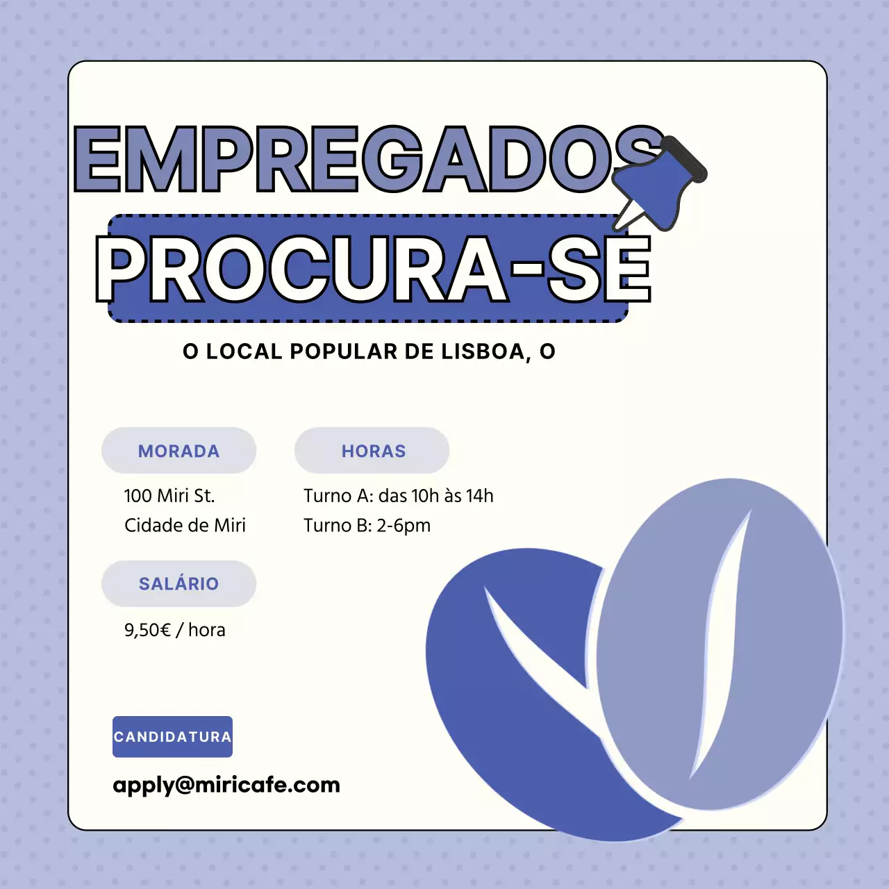 Anúncio de emprego de barista em lilás e branco com realce de texto V1