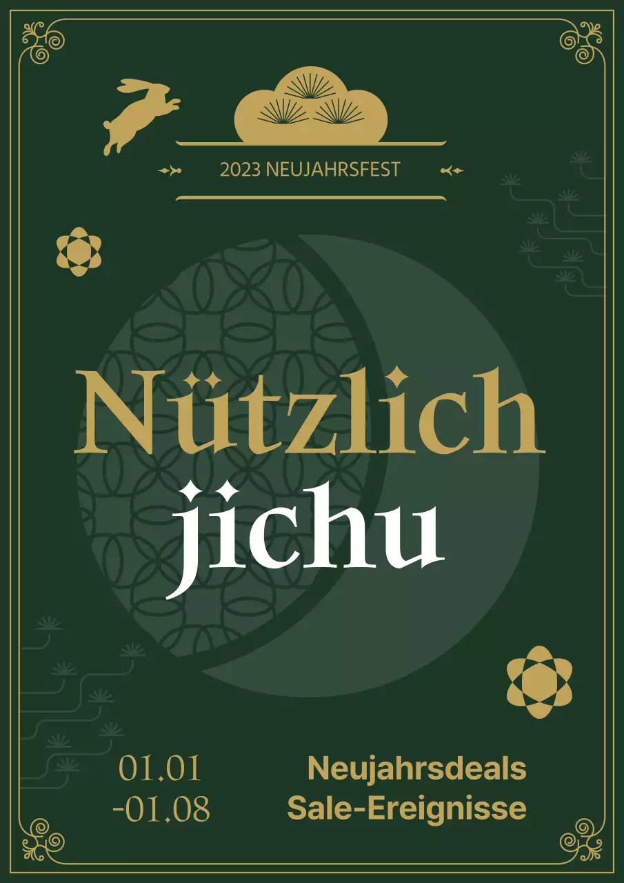 Neujahrsplakat in Grün und Gold
