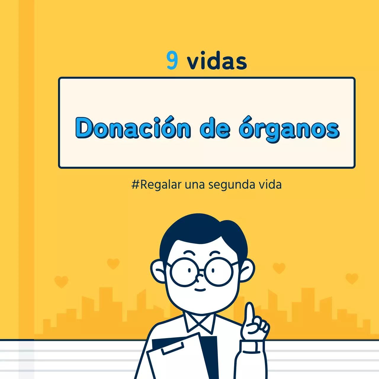 Diseño de tarjeta informativa amarilla y azul para el Día de la Donación de Órganos