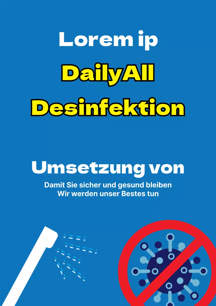 Ein einfaches blau-gelbes Flugblatt, das die Desinfektion und Desinfizierung des Geschäfts ankündigt.