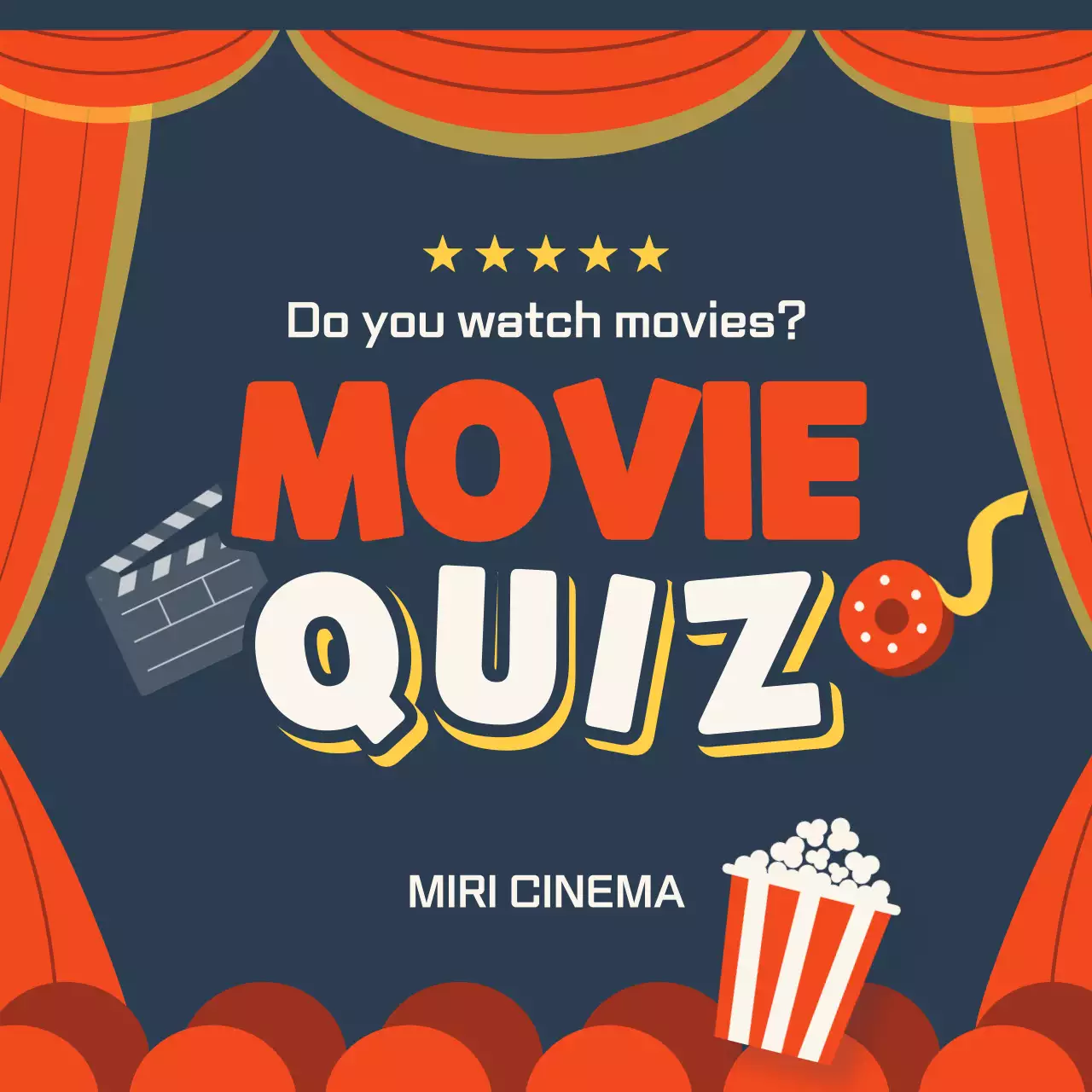 Cinema-themed movie quiz event in red, yellow, and indigo (Card News)