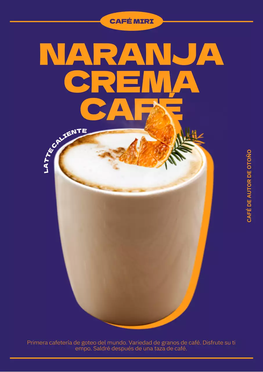 Un menú de cafetería otoñal con un toque de colores complementarios, un diseño de fuente atrevido y fotografías de café.